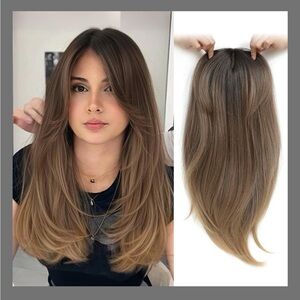 Ms Taj 18”Hair Toppers-Layered Synthetic Topper 6.5"X6.5",Rich Brown W/Dark Root